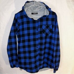 Nilanhi Fashion Plaid Hooded Long Sleeve Shirt - Size M Blue/Black/Gray